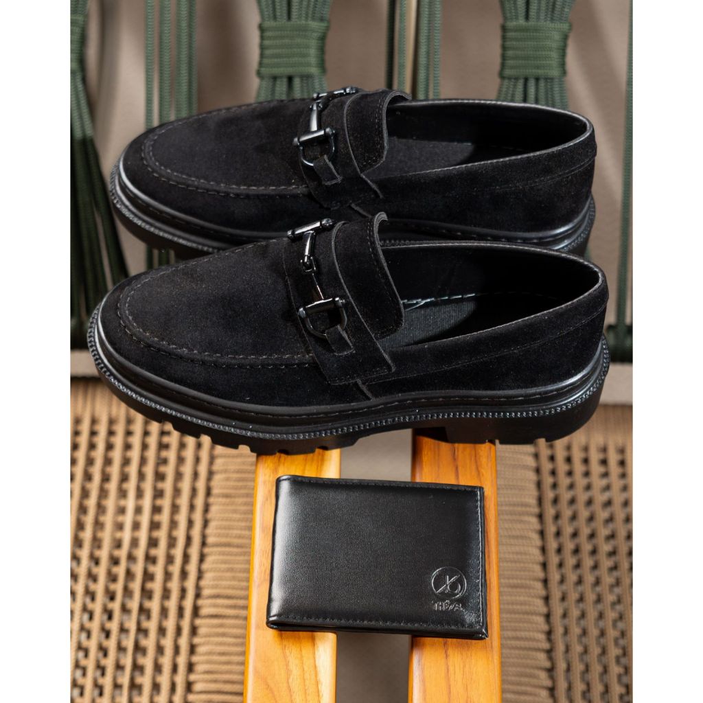 Sapato Social Mocassim Masculino Em Camurça Santorini Solado Costurado Elegante Oxford Festa Escritório + Carteira