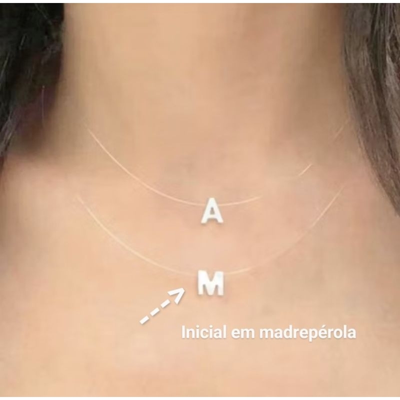 Colar nylon com letra inicial em madrepérola fecho de Prata 0925 ou aço inox