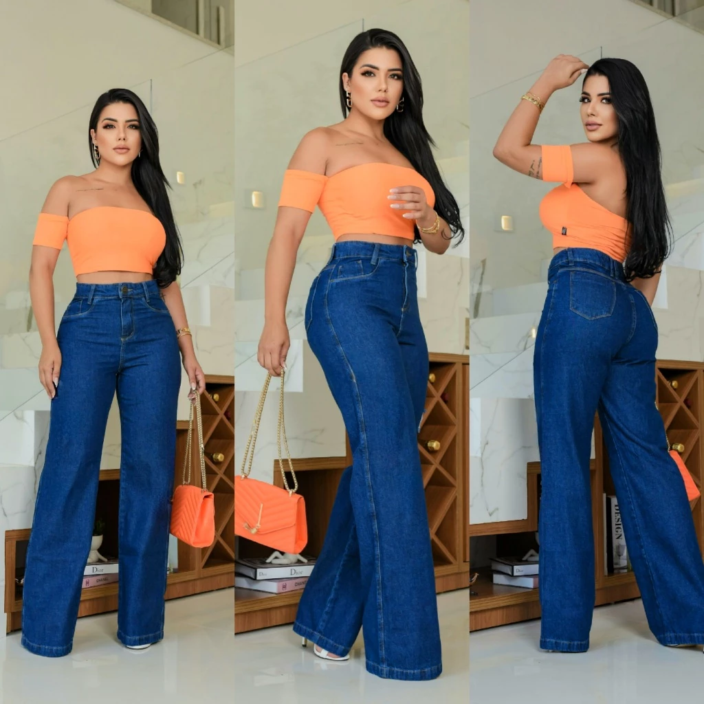 Calça Jeans Pantalona Wide Leg Escura Feminina Cos Alto Modeladora Flare Sem Lycra — imagem 1
