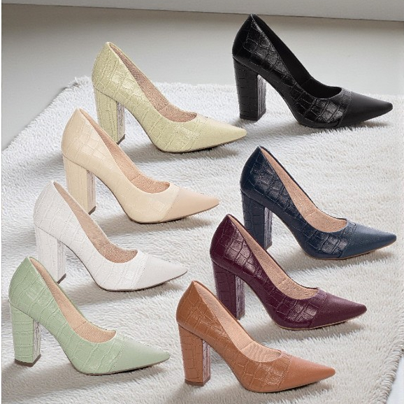 Sapato Feminino Scarpin Croco Salto Alto Grosso Bloco 9cm Elegante Confortável Casual Social Festa Trabalho Igreja Culto