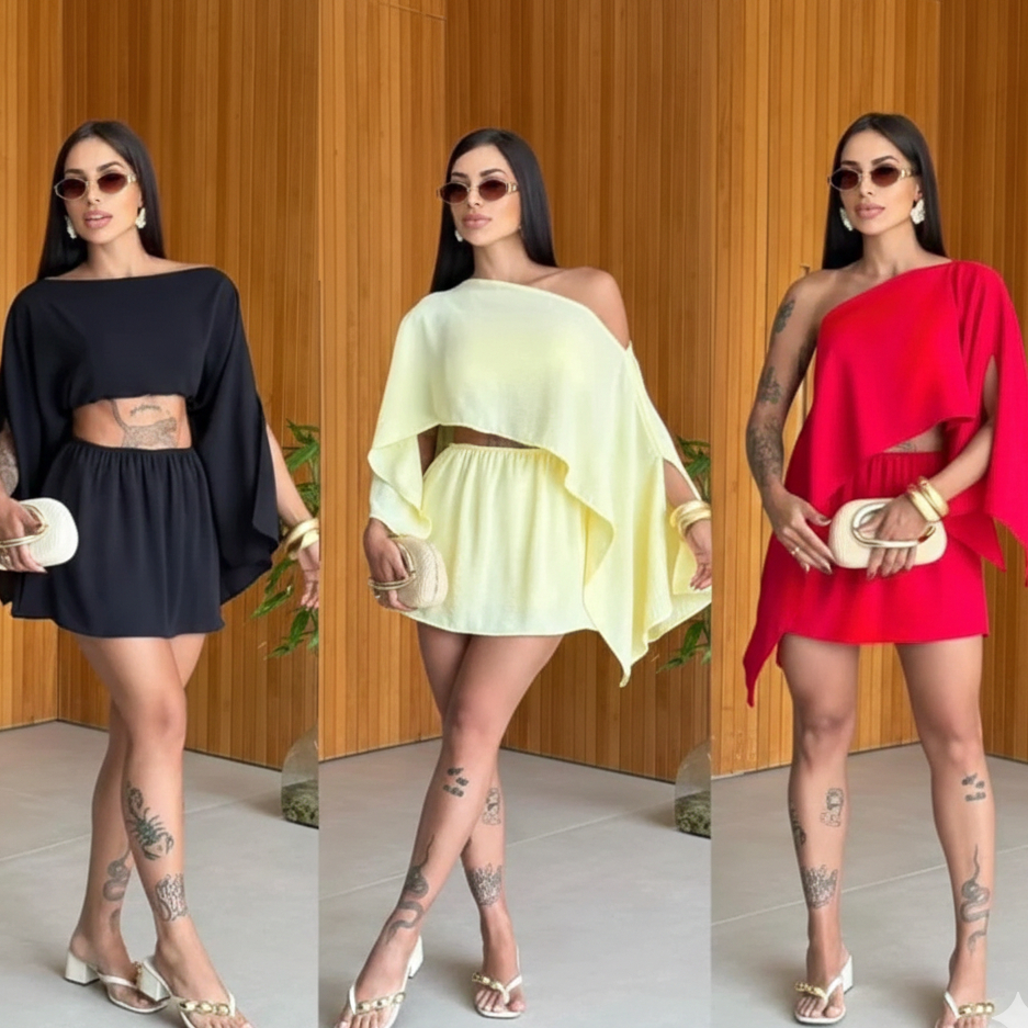 Conjunto Feminino 3 Peças Short Saia Blusa Capa no Tecido Duna | Elegante, Moderno e Casual. em Oferta na Shopee