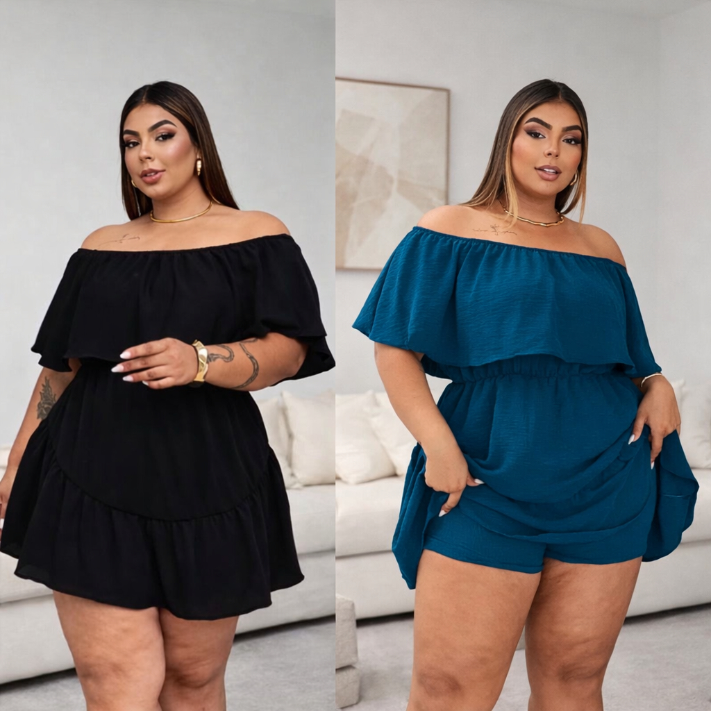 Macaquinho Sol Feminino Short Saia Plus Size G1 G2 Ombro a Ombro Tecido Duna Moda Verão Casual Confortável Elegante