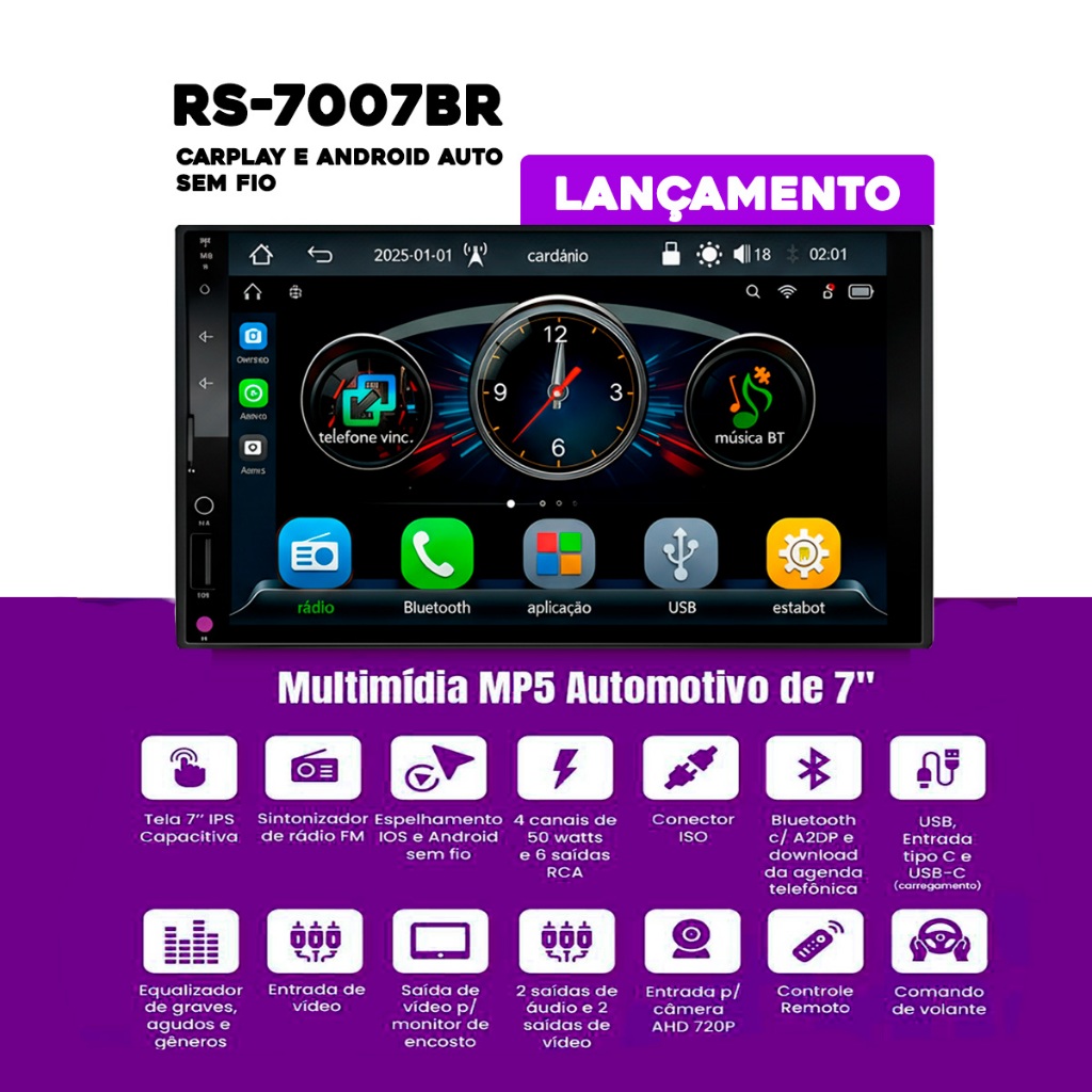 Multimídia MP5 Automotivo Roadstar RS-7007 BR 7" Bluetooth USB com CarPlay e Android Auto Sem Fio em Oferta na Shopee