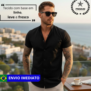 Camisa Masculina Social Gola Padre Manga Curta Slim Premium Slim em Oferta na Shopee