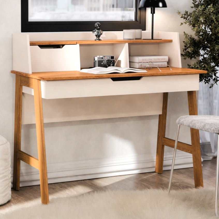 Escrivaninha Penteadeira Office Pés de Madeira Maciça com Gaveta Design Moderno