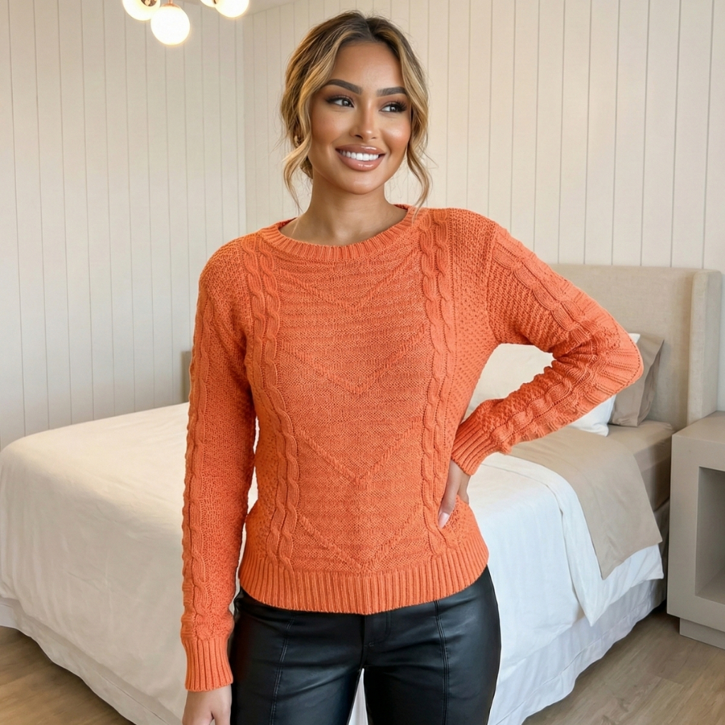 Blusa de Frio de Tricô Femina Relevo Trançada Manga Longa Básico Casual