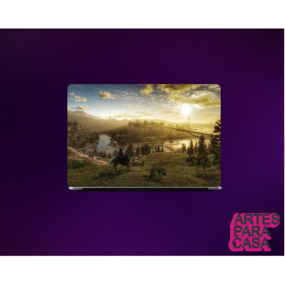 Skin Adesivo para Notebook Tablet Kindle Jogos Games Red Dead Redemption Paisagem Por do Sol Cavalo Arthur Morgan