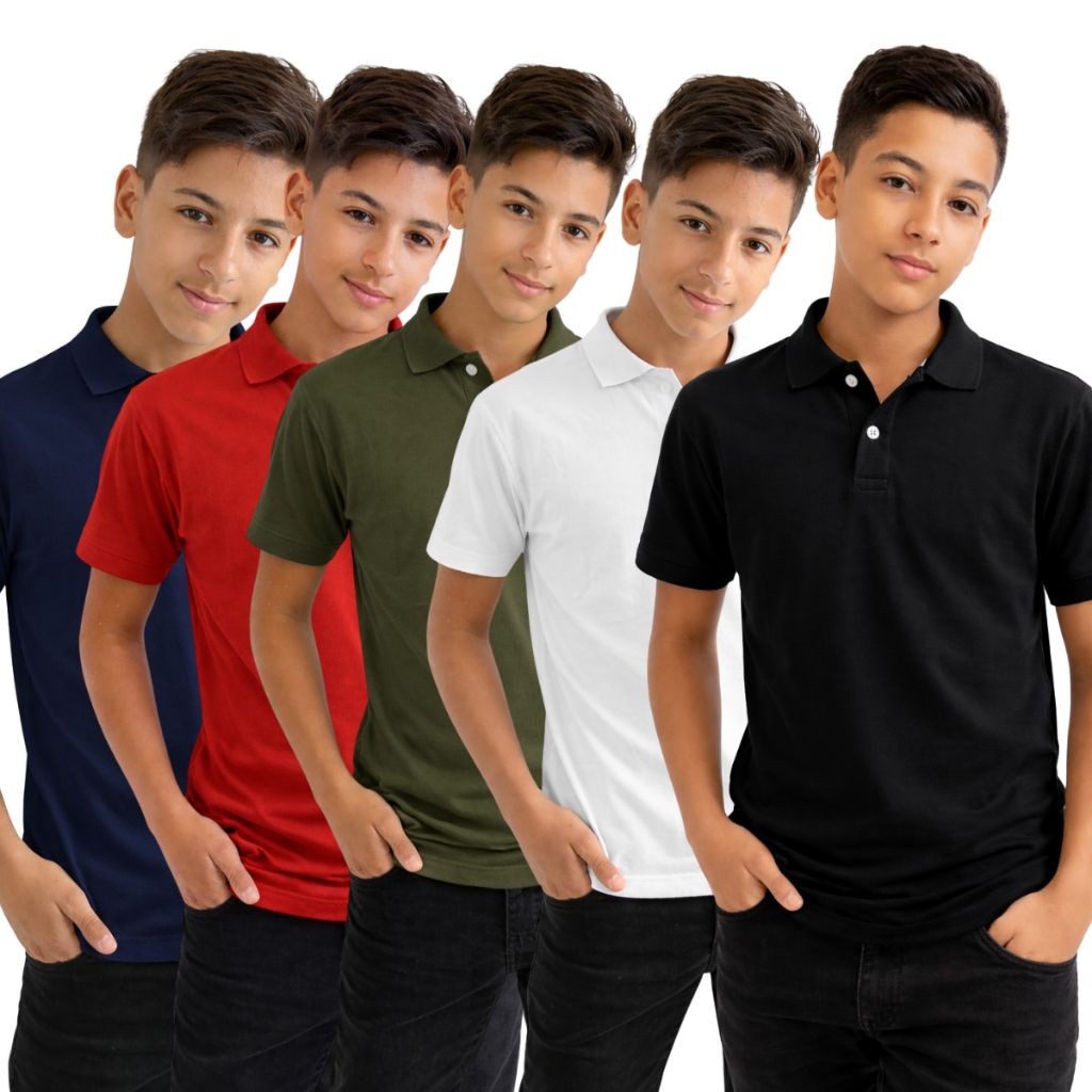 Kit 5 Camisa Polo Infantil Juvenil Manga Curta Blusa Básica Algodão