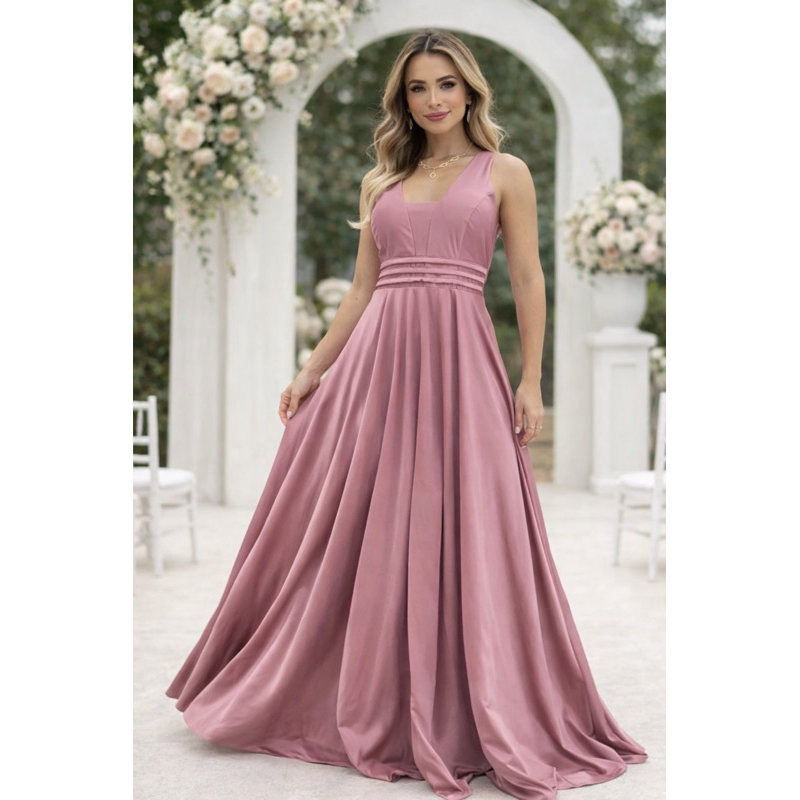 Vestido de madrinha casamento sem brilho em tecido acetinado cintura marcada elegante