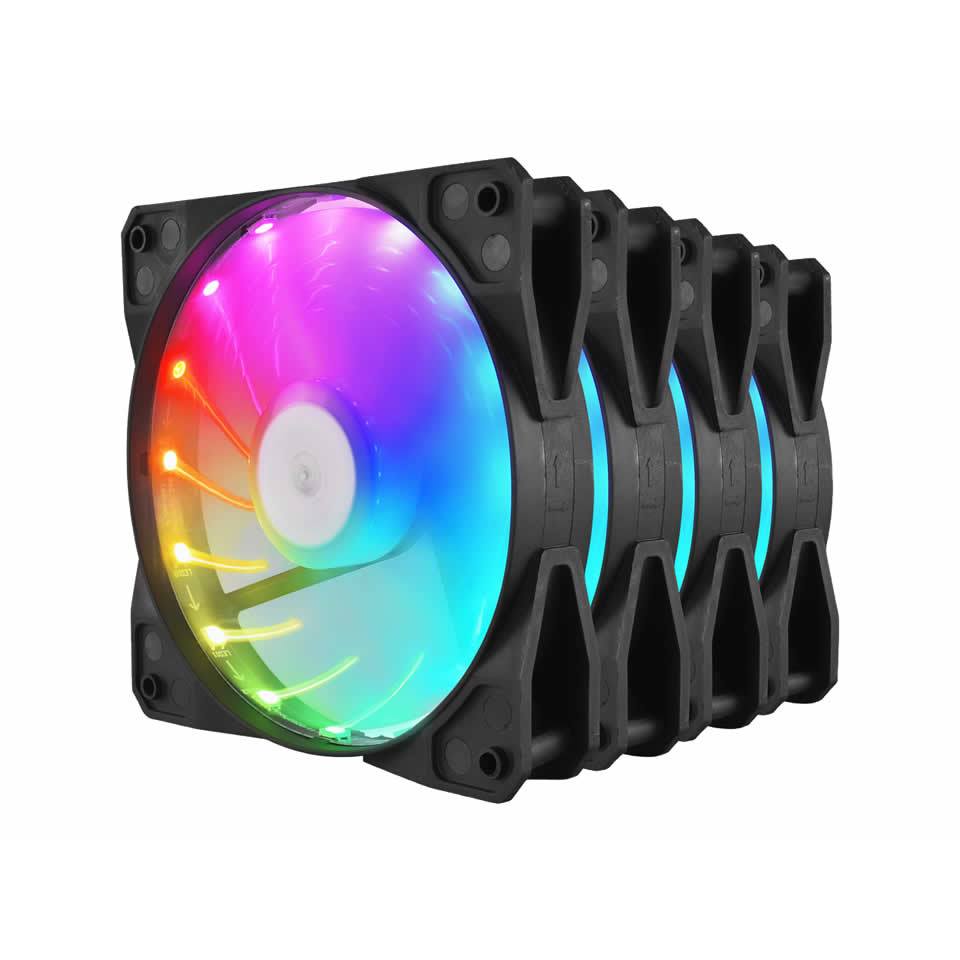 Kit 4 Fans/Exaustores ARGB p/ Gabinete 12 x 12 cm EVUS Rain [FK-12R] c/ Controladora + Controle Remoto