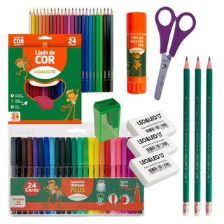 Kit Lápis de Cor 12 ou 24 Cores Hidrocor Apontador Lápis Borracha Cola Material Escolar Completo