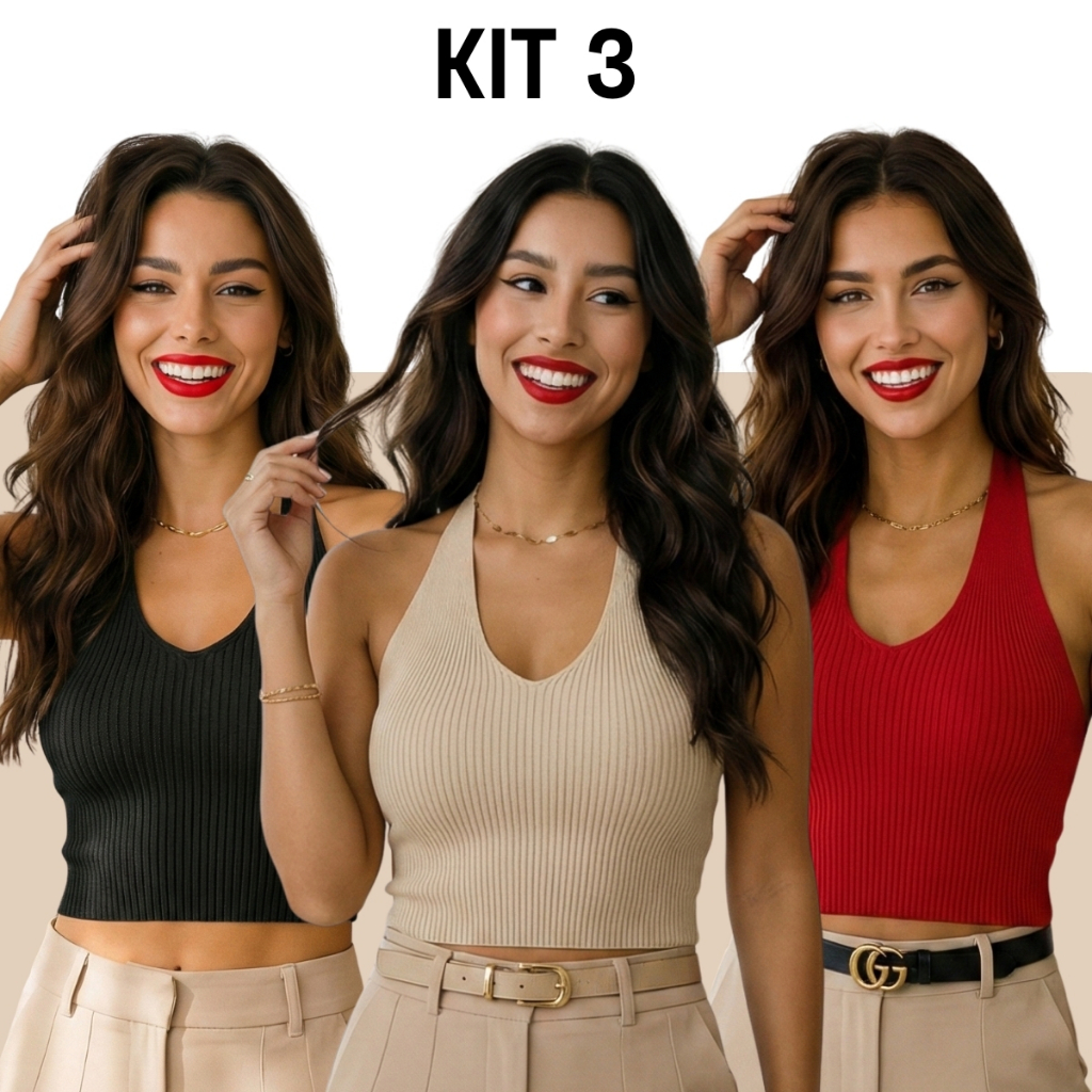 Kit 3 Regata Feminina Tricot Modal Cropped Frente Única Verão Elegante Casual Dia a Dia