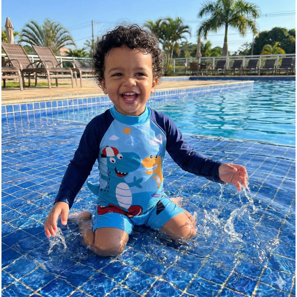 Maiô Shorts Natação Infantil Menino Macacão Manga Longa Verão Com Proteção UV50 Praia Piscina
