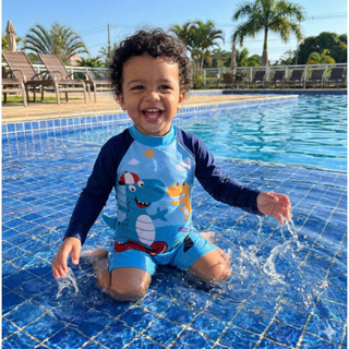 Maiô Shorts Natação Infantil Menino Macacão Manga Longa Verão Com Proteção UV50 Praia Piscina em Oferta na Shopee