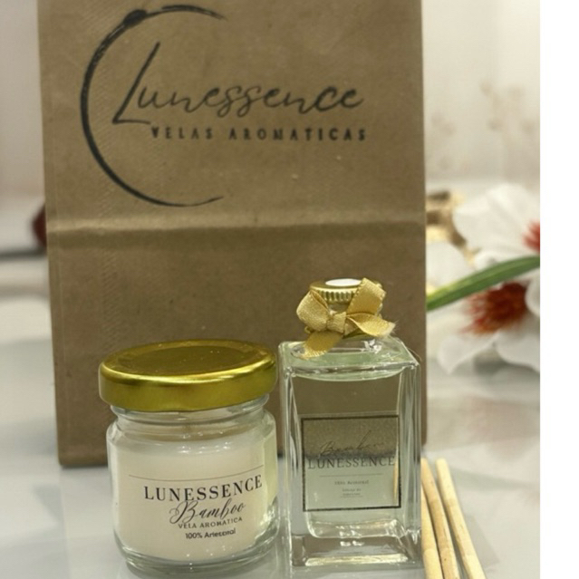 Kit Presente Mini Vela 30g + Mini Difusor 30g|Saquinho de Organza e Sacola Kraft Pronto para Presentear
