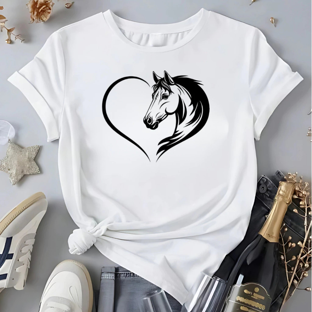 Camiseta Rodeio Country Feminina Desenho Cavalo Metade Coração Blusa 100%Algodão Cowboy