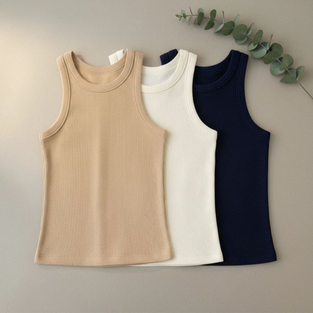 Kit de 3 Regatas Caneladas Feminina Lisa Blusa Básica Camiseta Blusiniha Casual Algodão