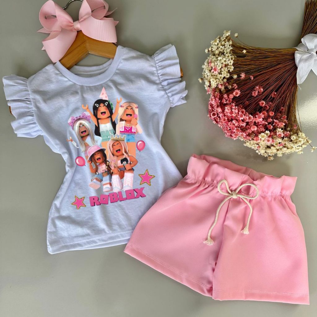 💗 Conjunto Menina Roblox Fashion Short Rosa Blusa Branca Short rosa Roupa Infantil Fofa | Tendência Entre as Crianças