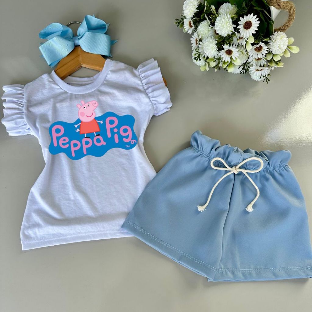 🐷 Conjunto Infantil Peppa Pig Menina  Roupa Fofa Blusa Branca short Azul , Confortável e Sucesso Entre as Crianças