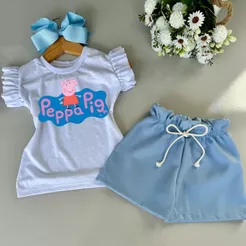 🐷 Conjunto Infantil Peppa Pig Menina Roupa Fofa Blusa Branca short Azul , Confortável e Sucesso Entre as Crianças