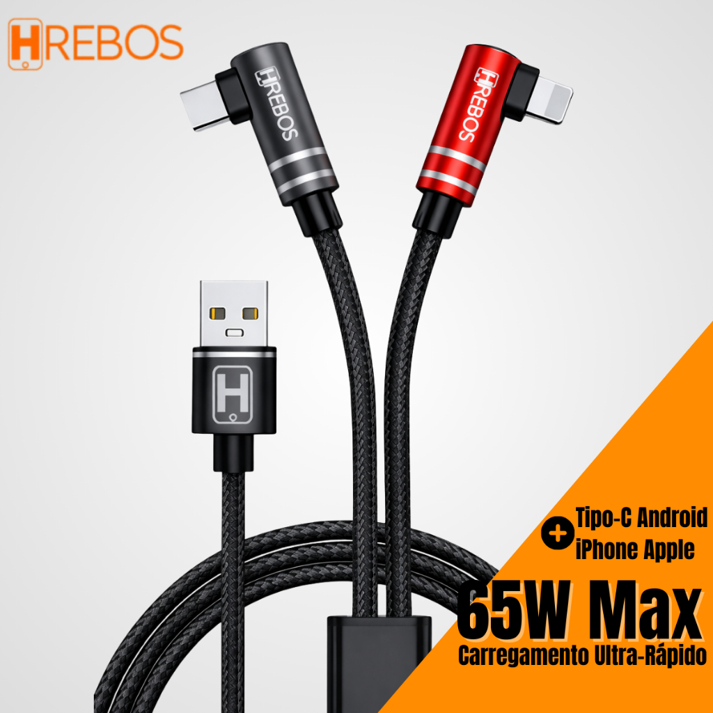 Cabo USB 2 em 1 USB C Lightning Android e iPhone Reforçado Carregamento Rápido 3.1A HREBOS