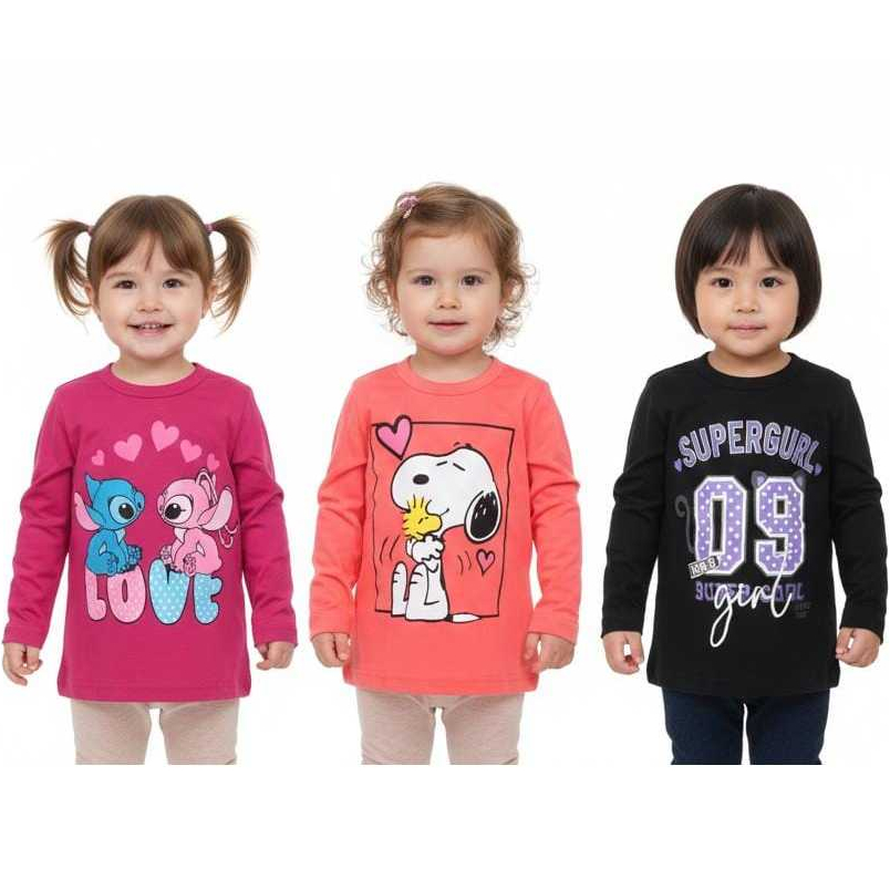Kit 3 Camiseta Infantil Manga Longa Inverno Menina Cores e Estampas Sortidas 01 ao 03 100% Algodão em Oferta na Shopee