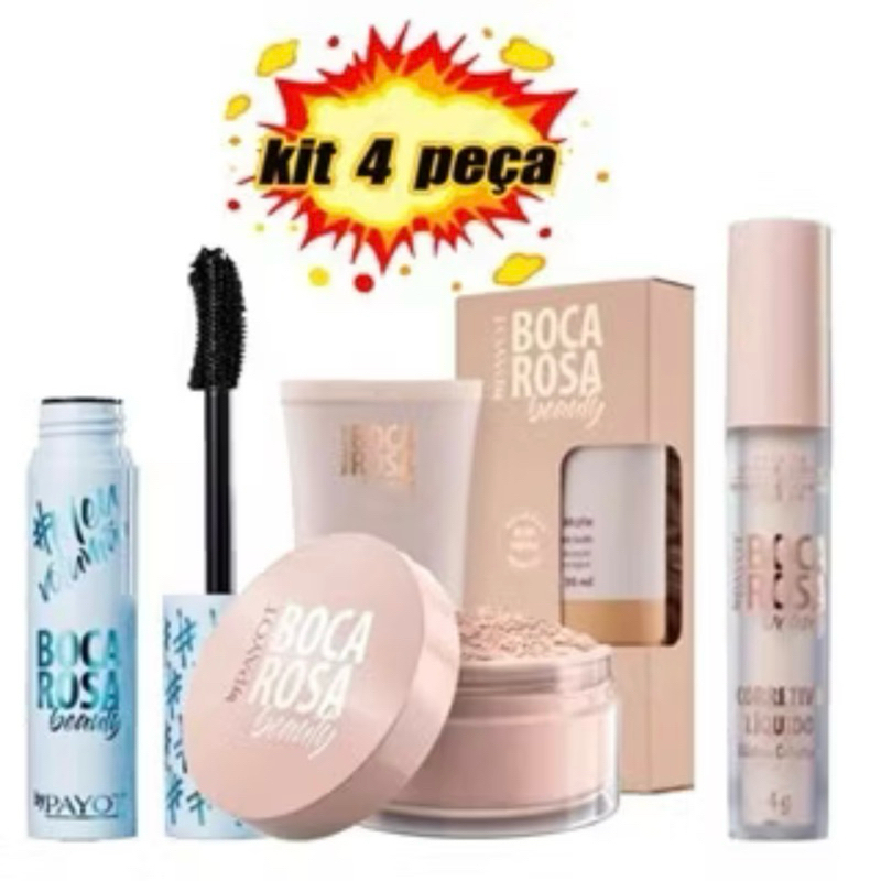 Completo 4 Pecas Base + Mascara Para Cilios e Corretivo e Pó Solto Mármore boca rosa kit