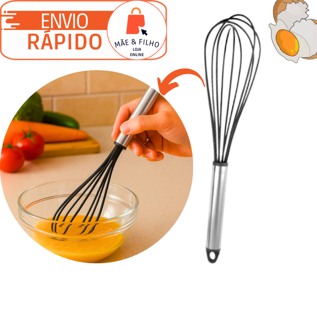 Batedor de Ovos Fue Silicone Misturador Cabo Inox Massas Cozinha