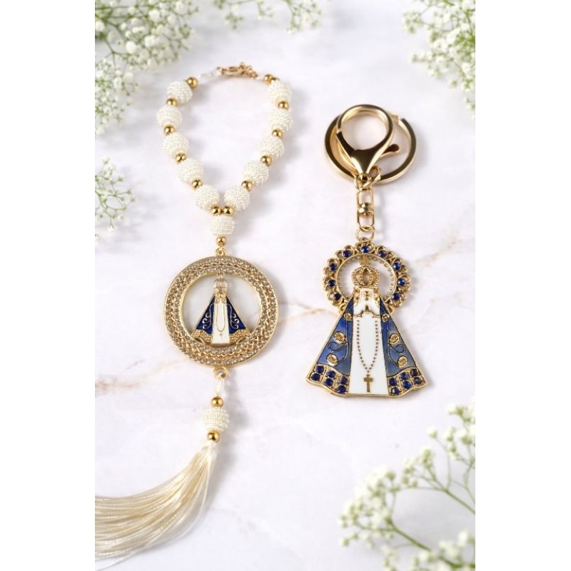KIT Chaveiro + Terço Dezena Nossa Senhora Aparecida Retrovisor Carro Acessório Católico Proteção Fé Religioso Proteção