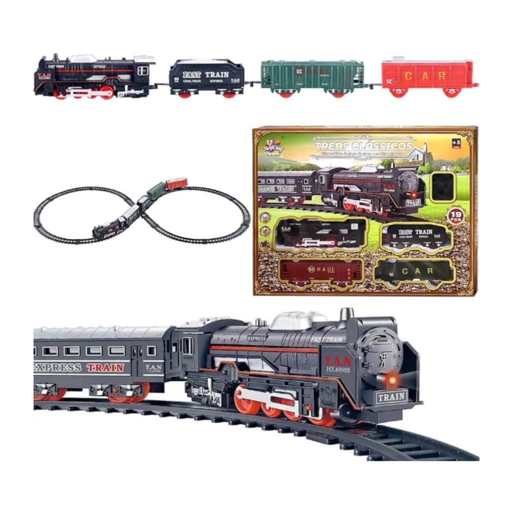 Ferrorama de Brinquedo Trenzinho Locomotiva com Luz Trilhos e 3 Vagões