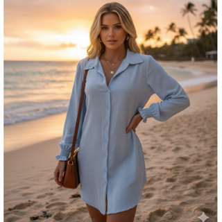 Chemise Feminino Camisão Vestido Dunas com Botões Manga Longa Elegante Saida de Praia em Oferta na Shopee