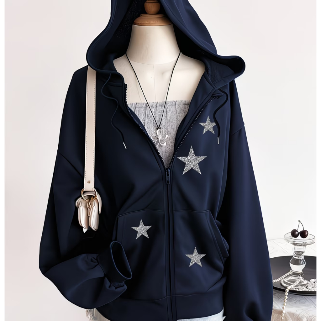 Moletom Ziper Moda Estrelas Flanelado Com Bolsos Aberto Estilo Promoção