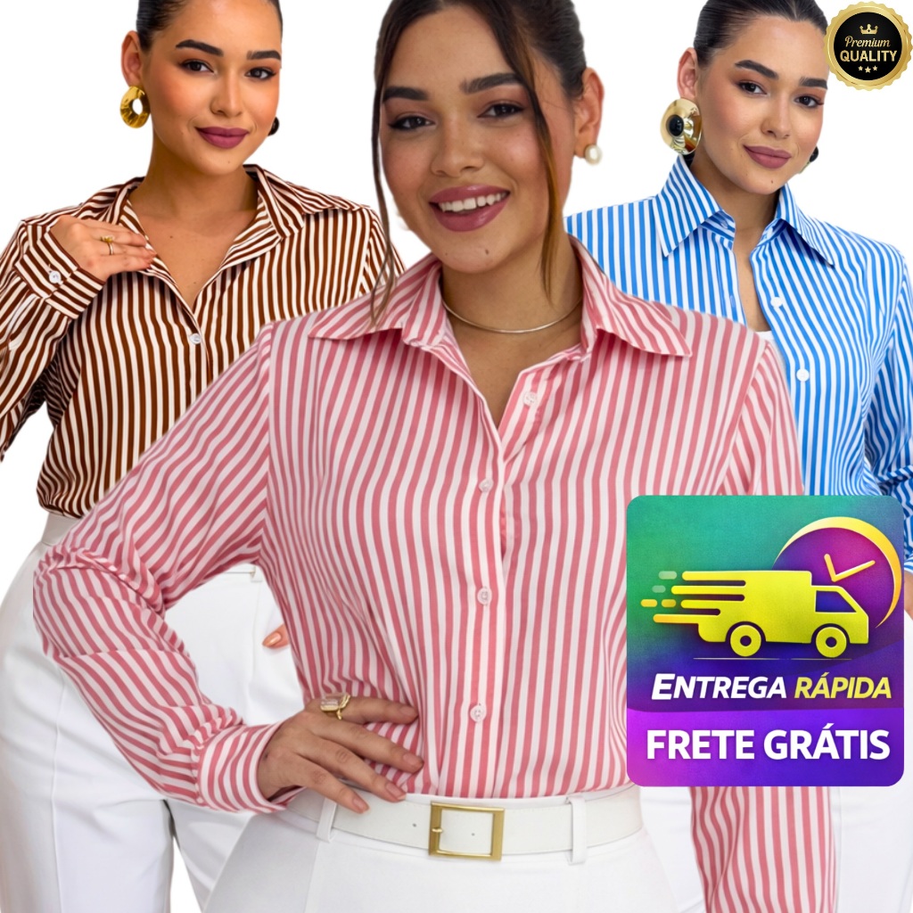 Camisa Listrada Feminina Plus Size Elegante Manga Longa Crepinho em Oferta na Shopee