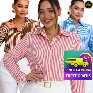 Camisa Listrada Feminina Plus Size Elegante Manga Longa Crepinho em Oferta na Shopee