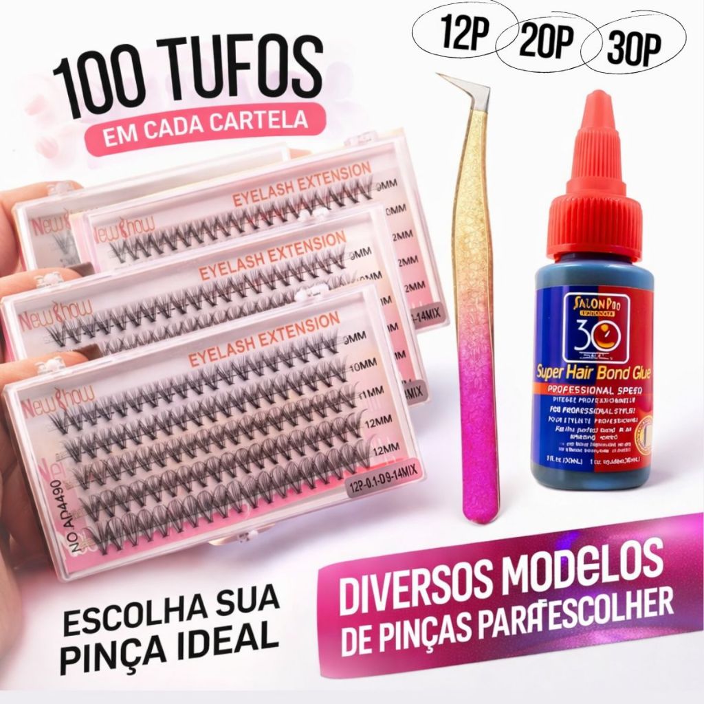 Kit Cilios +Cola Salon Pro +Pinça c/ 200 Tufo Tufinho NewShow Extensão Cílios DIY Iniciantes Escolha em Oferta na Shopee