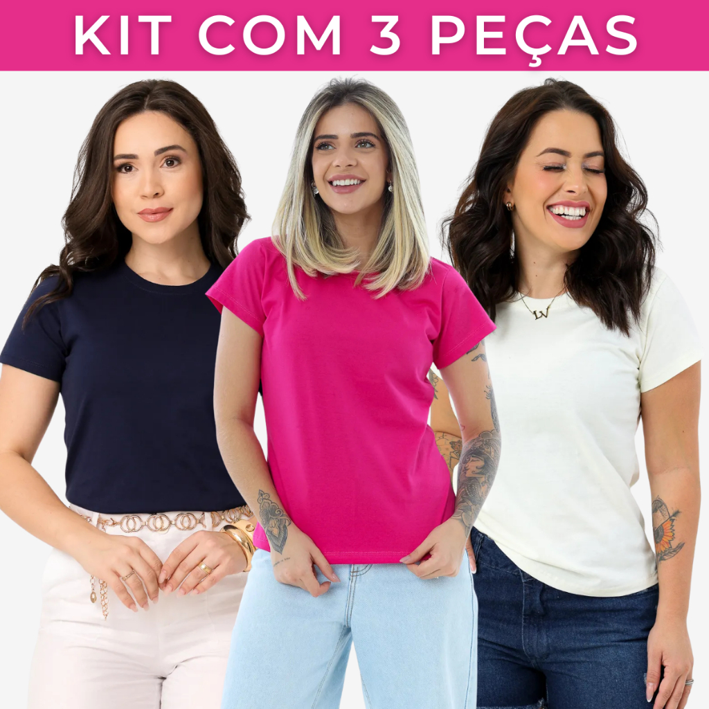 Kit 3 Camiseta Feminina 100% Algodão Fio 30.1 Blusa T-shirt Básica Lisa Envio Imediato