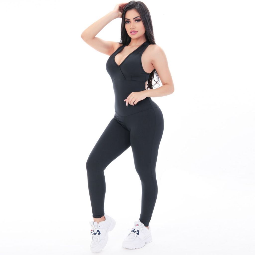 Macacão Feminino Fitness Suplex Com Bojo Academia Ginástica Treino Modelador Decote Aberto Top