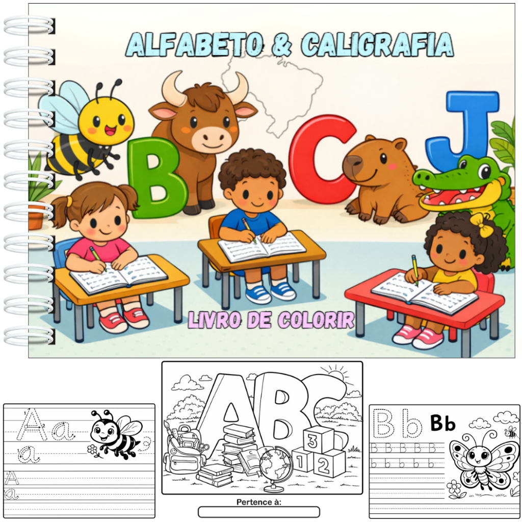 Livro de Colorir Alfabetização Infantil Coordenação Motora Capa Dura A5 50 Folhas Grossas + Acetato