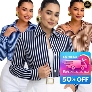 Camisa Feminina Listrada Manga Longa com Punho Elegante Moda Casual Social M ao G1 em Oferta na Shopee