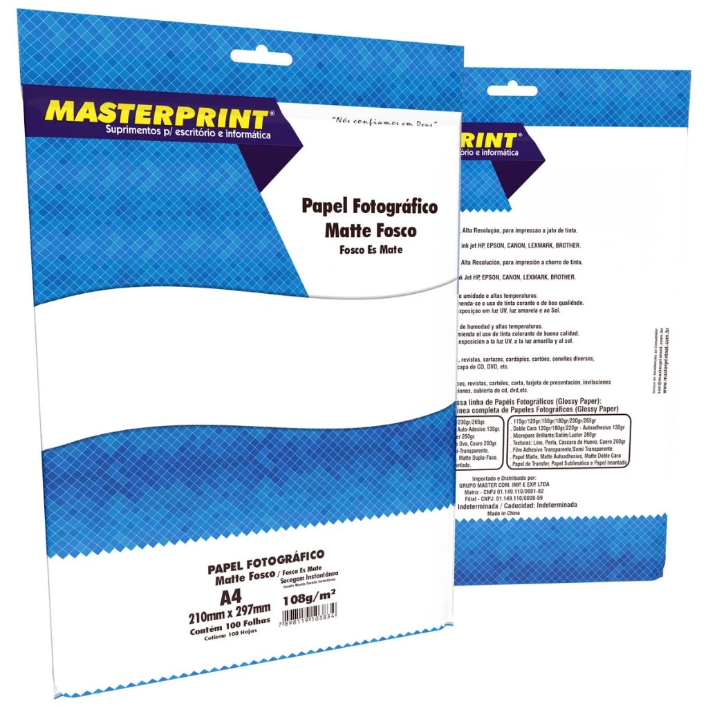 Papel Matte 108g A4 Branco Matte Fosco Premium Masterprint 100 Folhas
