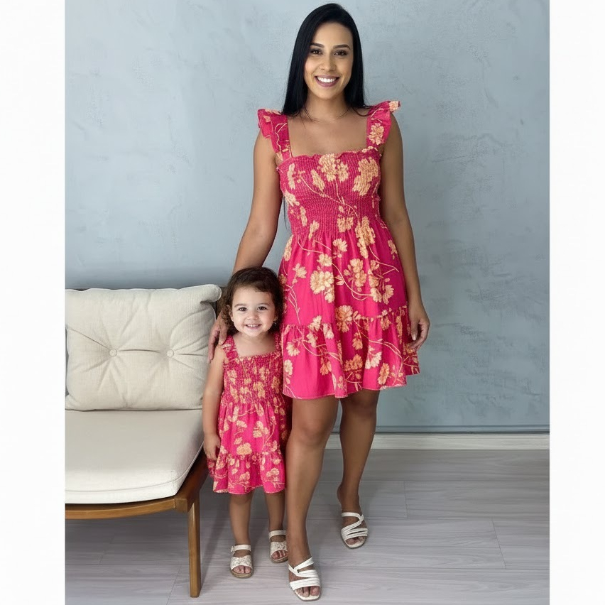 Kit vestido tal mãe tal filha lastec estampado florado infantil e adulto