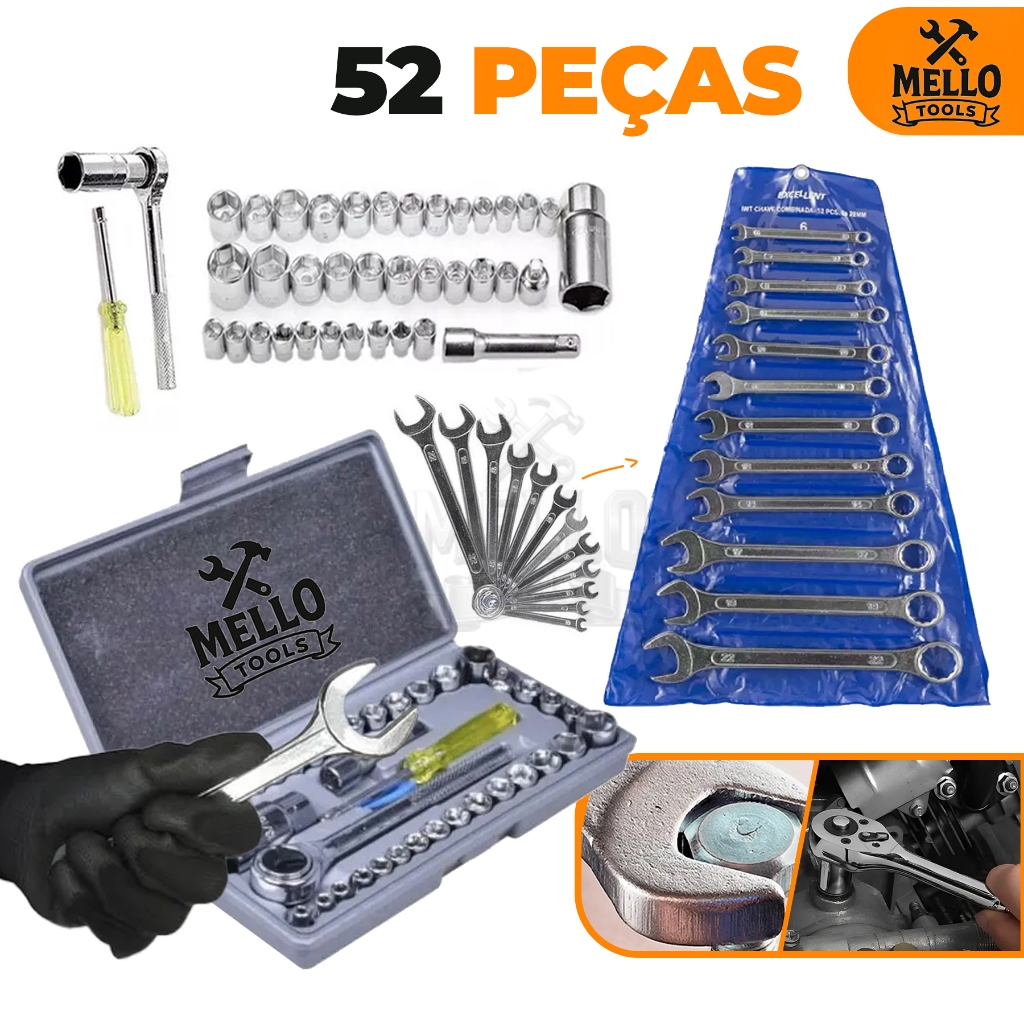 Kit Jogo de Ferramentas 52 Peças com Catraca e Chaves Combinadas – Kit Completo Profissional Mello Tools em Oferta na Shopee