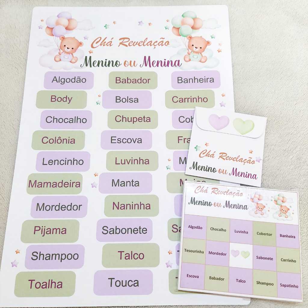 Kit Jogos - Chá Revelação ( menino ou menina) 30 unidades -  Bingo e Caça palavras -  Ursinhos Verde e Lilás