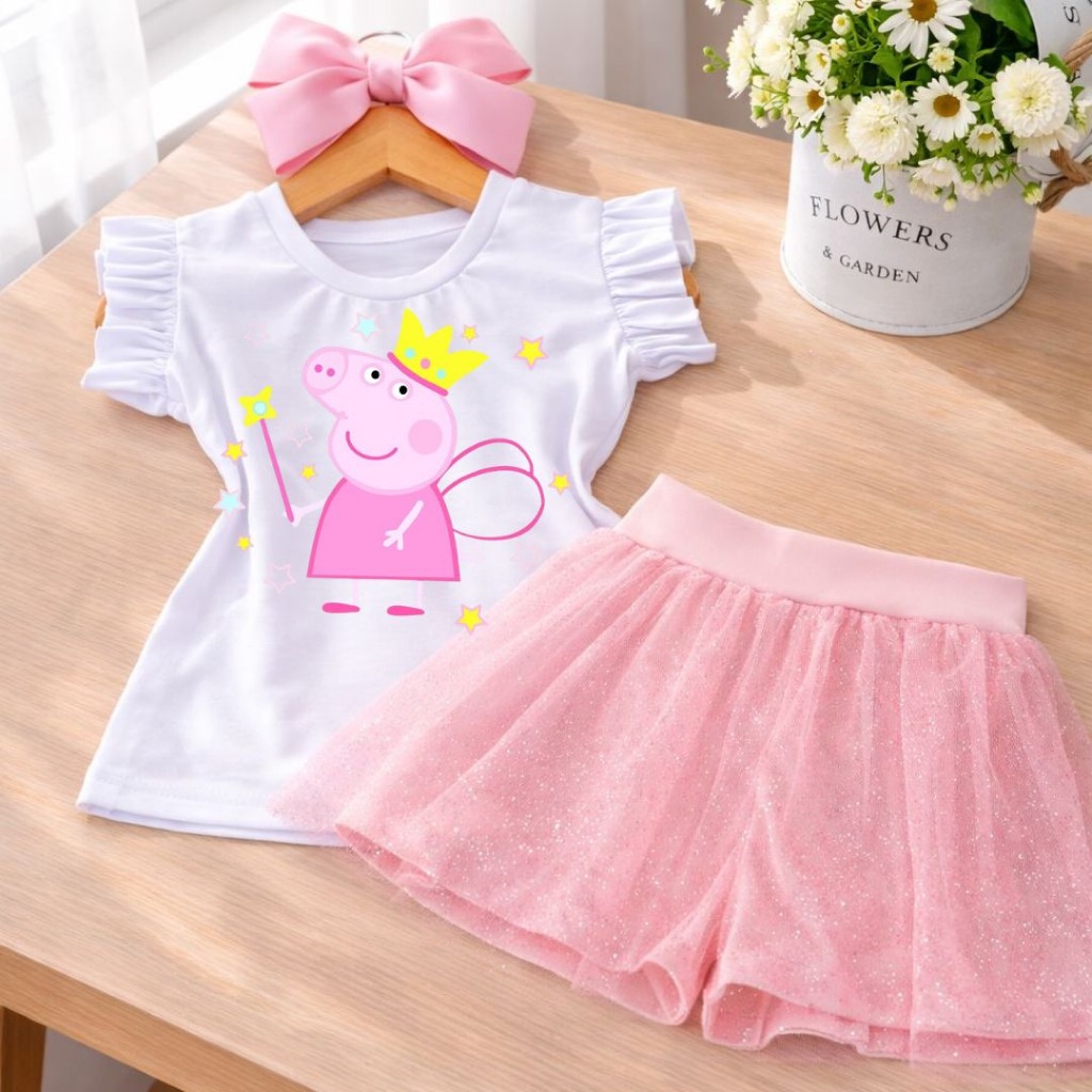 Conjunto Infantil Peppa Fadinha estrelas ✨ Blusa Branca+ Short Saia em Tule Rosa bebe Brilhante | Look Encantador em Oferta na Shopee