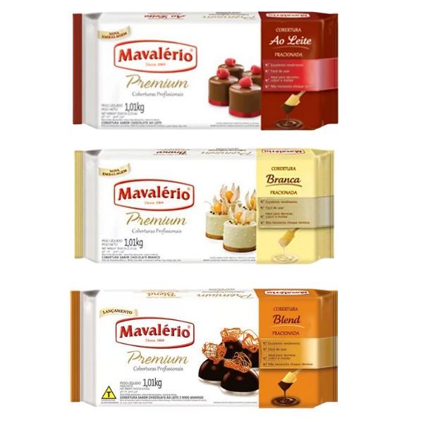 Kit 3 Barras Chocolate Cobertura Premium 1,01kg Ao Leite + Branco + Blend Mavalerio em Oferta na Shopee