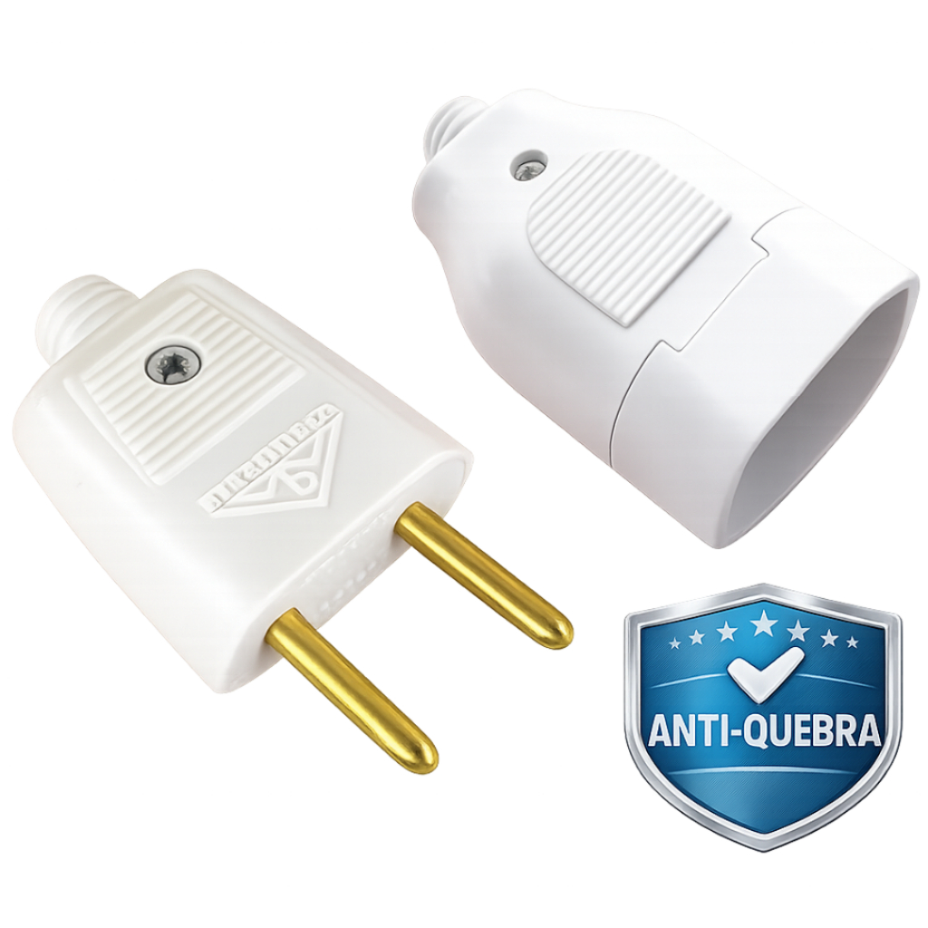 Kit Plugue Macho + Fêmea 10A para Extensão | 2 Pinos Plug Reforçado Anti-Quebra