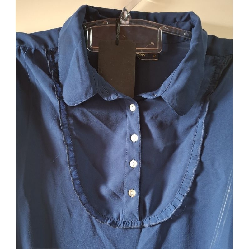 Camisa Feminina Tule Transparente Manga Longa Azul | Blusa Elegante Social Casual