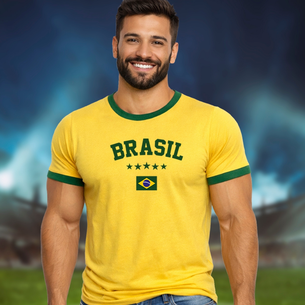 Camiseta Copa Brasil Hexa 2026 Masculina 100% Algodão Verde e Amarelo + Brinde Bandeira do Brasil