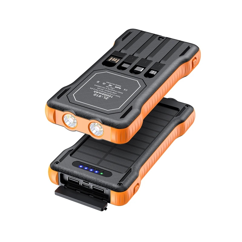 Carregador Portátil Solar Power Bank 10000mAh 4 Cabos Embutidos Lanterna LED Universal USB em Oferta na Shopee
