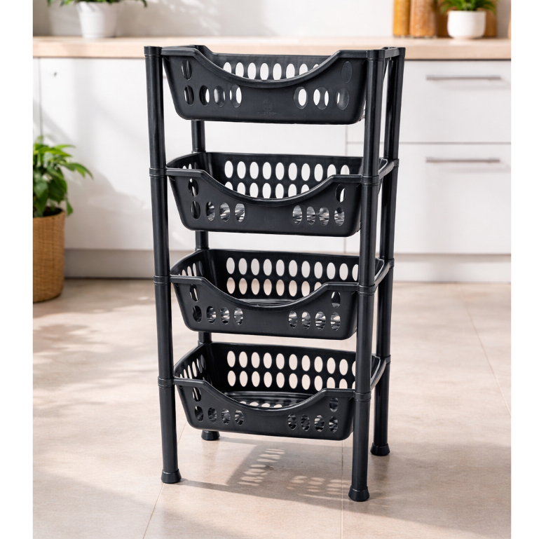 Fruteira Chão 4 Andares Cesto Organizador Quadrado Plástico Preto Multiuso Casa Cozinha Frutas